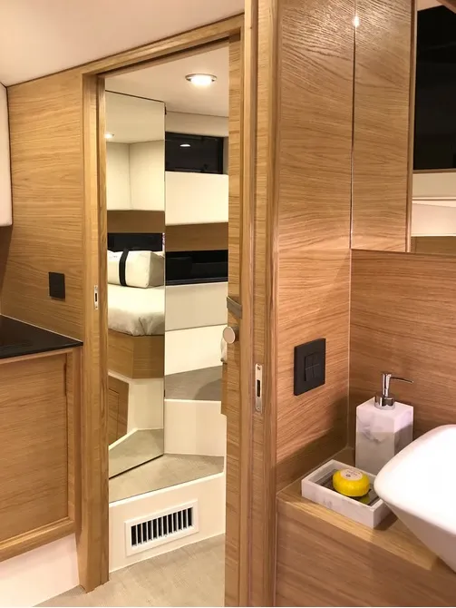 Cabin on Bliss, a De Antonio D42 motorboat at Lavrion, Greece