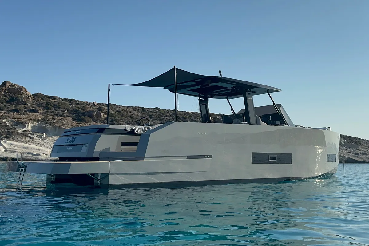 Exterior view of Bliss, a De Antonio D42 motorboat at Lavrion, Greece
