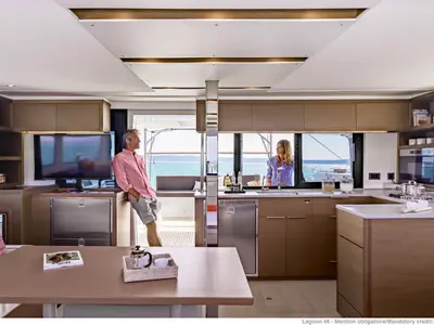 Galley of Carcharias, a Lagoon 46 catamaran at Kontokali, Greece