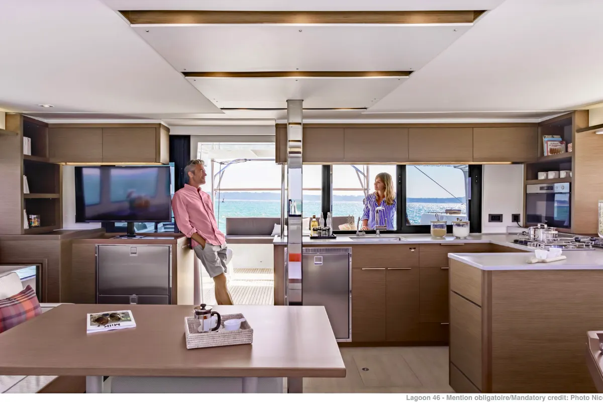Galley of Carcharias, a Lagoon 46 catamaran at Kontokali, Greece