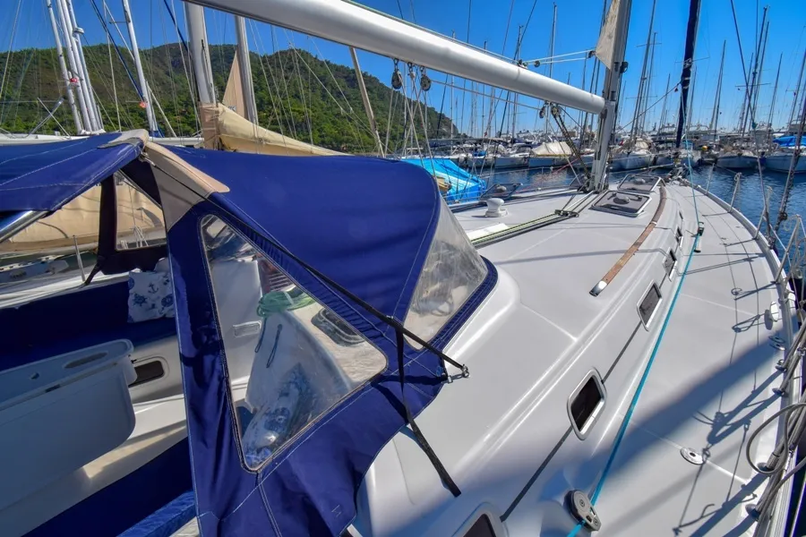 Deck of Filyos, a Beneteau Cyclades 50.5 sailboat at Marmaris, Turkey