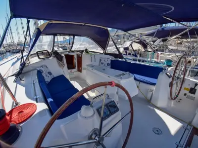 Cockpit of Filyos, a Beneteau Cyclades 50.5 sailboat at Marmaris, Turkey