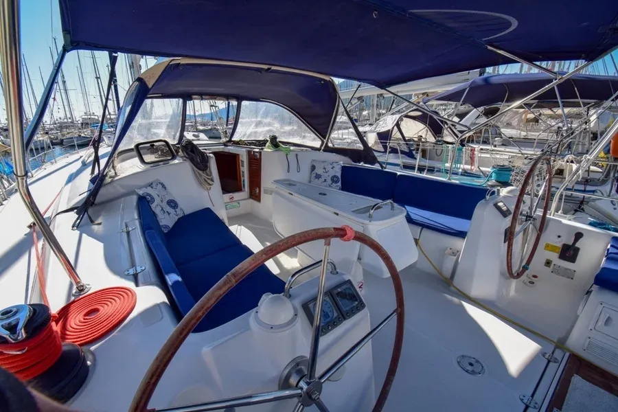 Cockpit of Filyos, a Beneteau Cyclades 50.5 sailboat at Marmaris, Turkey