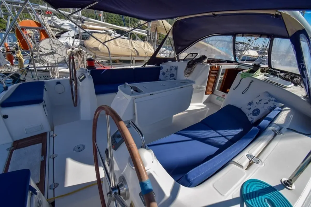 Cockpit of Filyos, a Beneteau Cyclades 50.5 sailboat at Marmaris, Turkey