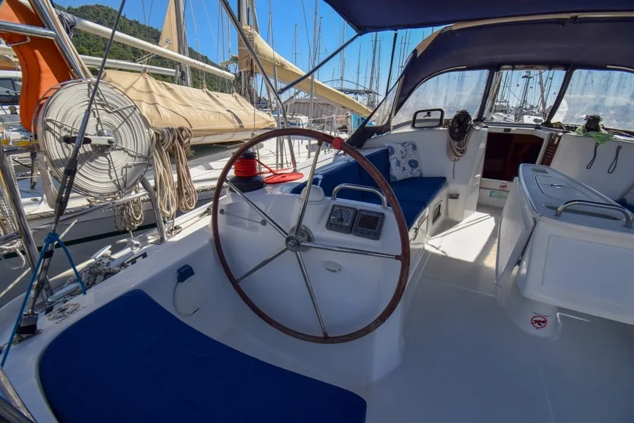 Cockpit of Filyos, a Beneteau Cyclades 50.5 sailboat at Marmaris, Turkey