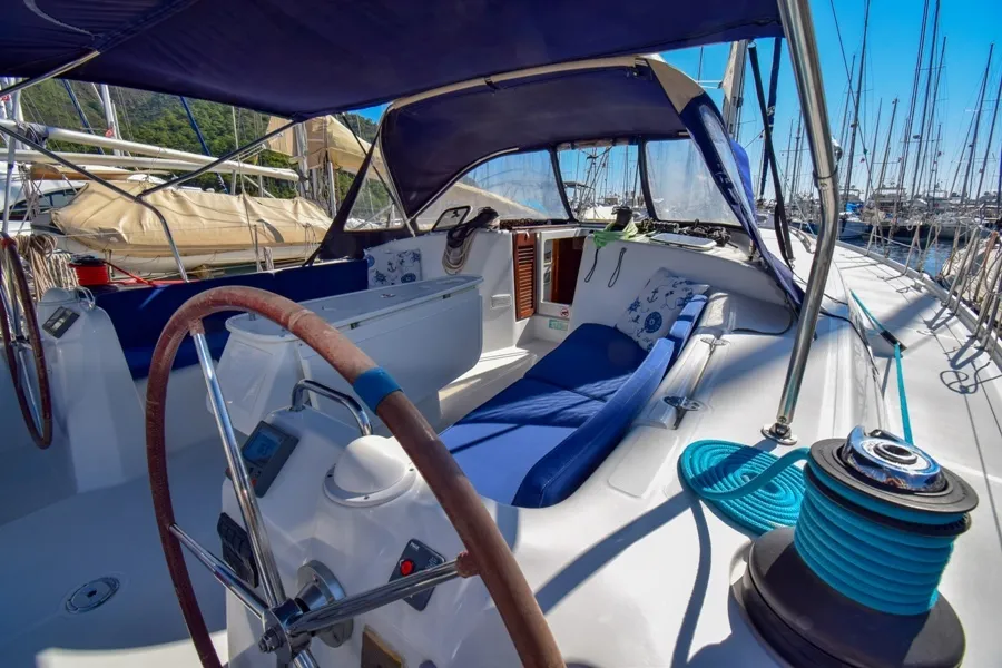 Cockpit of Filyos, a Beneteau Cyclades 50.5 sailboat at Marmaris, Turkey