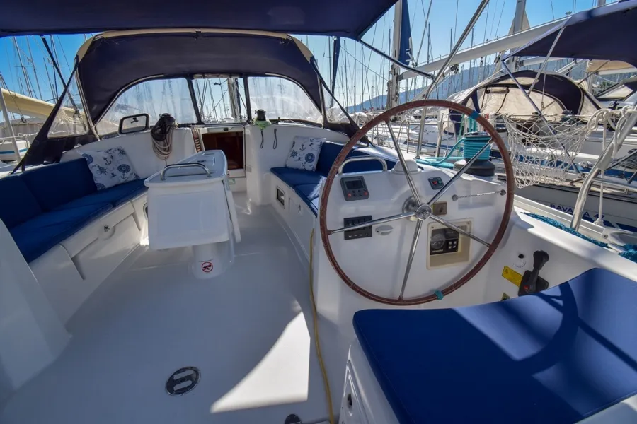 Cockpit of Filyos, a Beneteau Cyclades 50.5 sailboat at Marmaris, Turkey