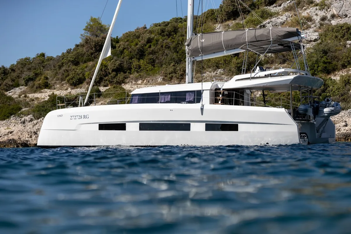 Exterior view of Clo, a Dufour 48 Catamaran catamaran at Primošten, Croatia