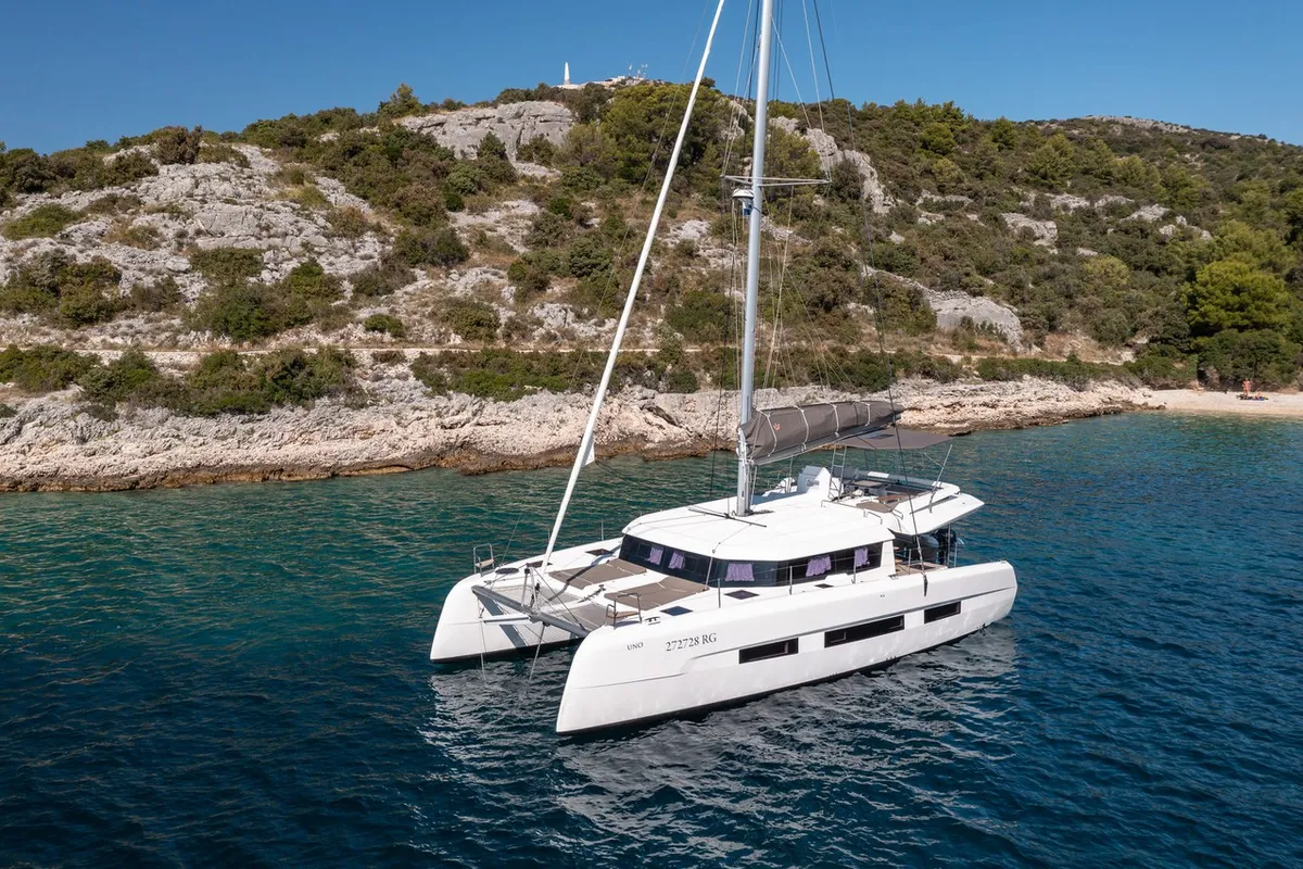 Exterior view of Clo, a Dufour 48 Catamaran catamaran at Primošten, Croatia