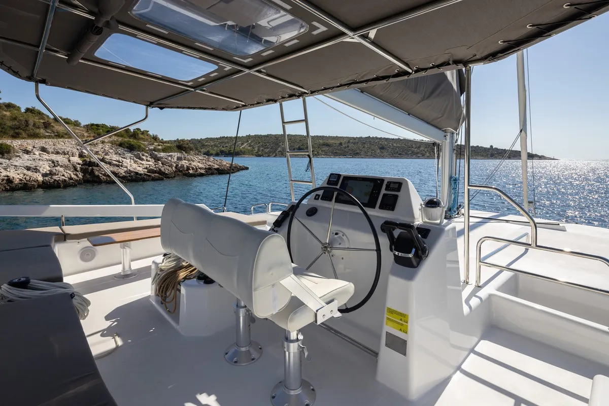 Cockpit of Clo, a Dufour 48 Catamaran catamaran at Primošten, Croatia