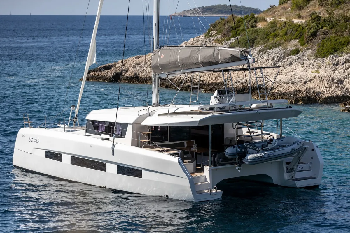 Exterior view of Clo, a Dufour 48 Catamaran catamaran at Primošten, Croatia