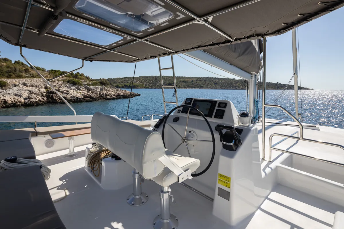 Cockpit of Clo, a Dufour 48 Catamaran catamaran at Primošten, Croatia
