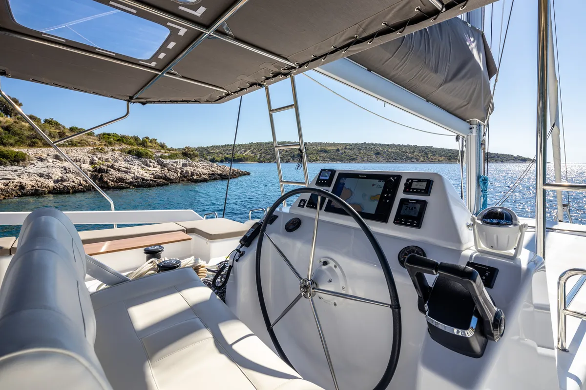 Cockpit of Clo, a Dufour 48 Catamaran catamaran at Primošten, Croatia