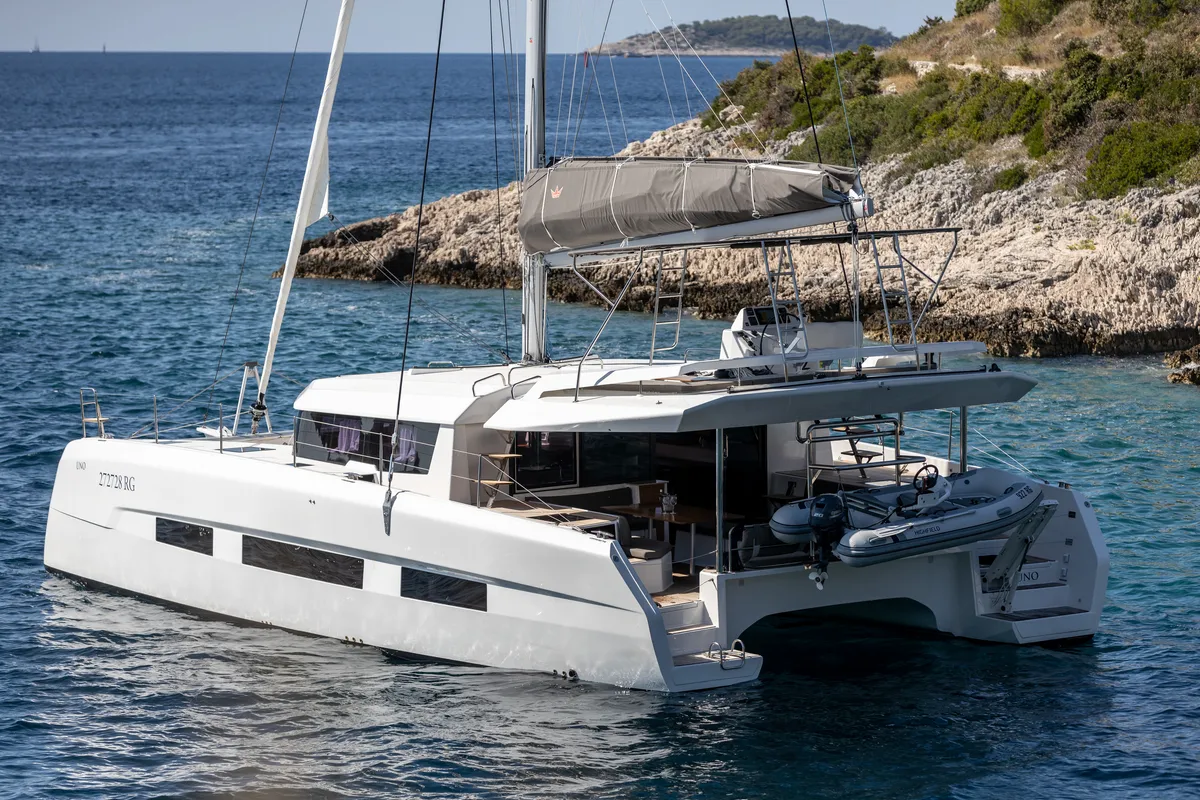 Exterior view of Clo, a Dufour 48 Catamaran catamaran at Primošten, Croatia