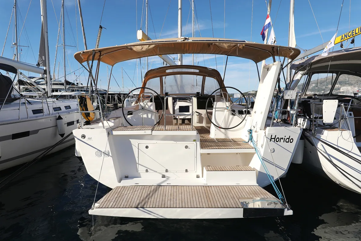 Exterior view of Horido, a Dufour 460 GL sailboat at Grad Trogir, Croatia