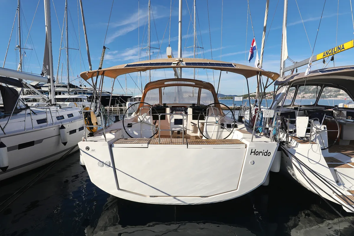 Exterior view of Horido, a Dufour 460 GL sailboat at Grad Trogir, Croatia
