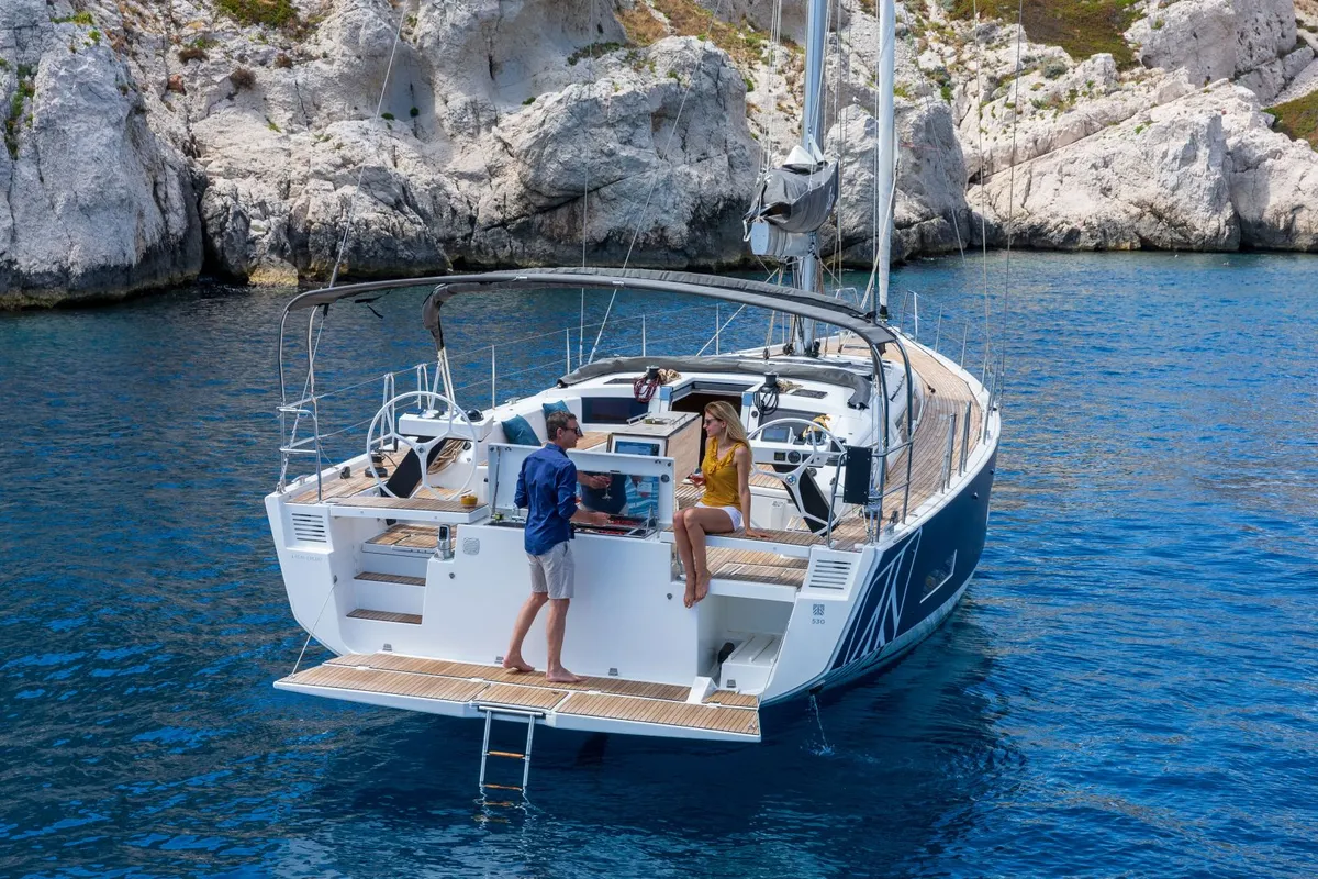 Exterior view of Ionian Blue, a Dufour 530 sailboat at Preveza, Greece