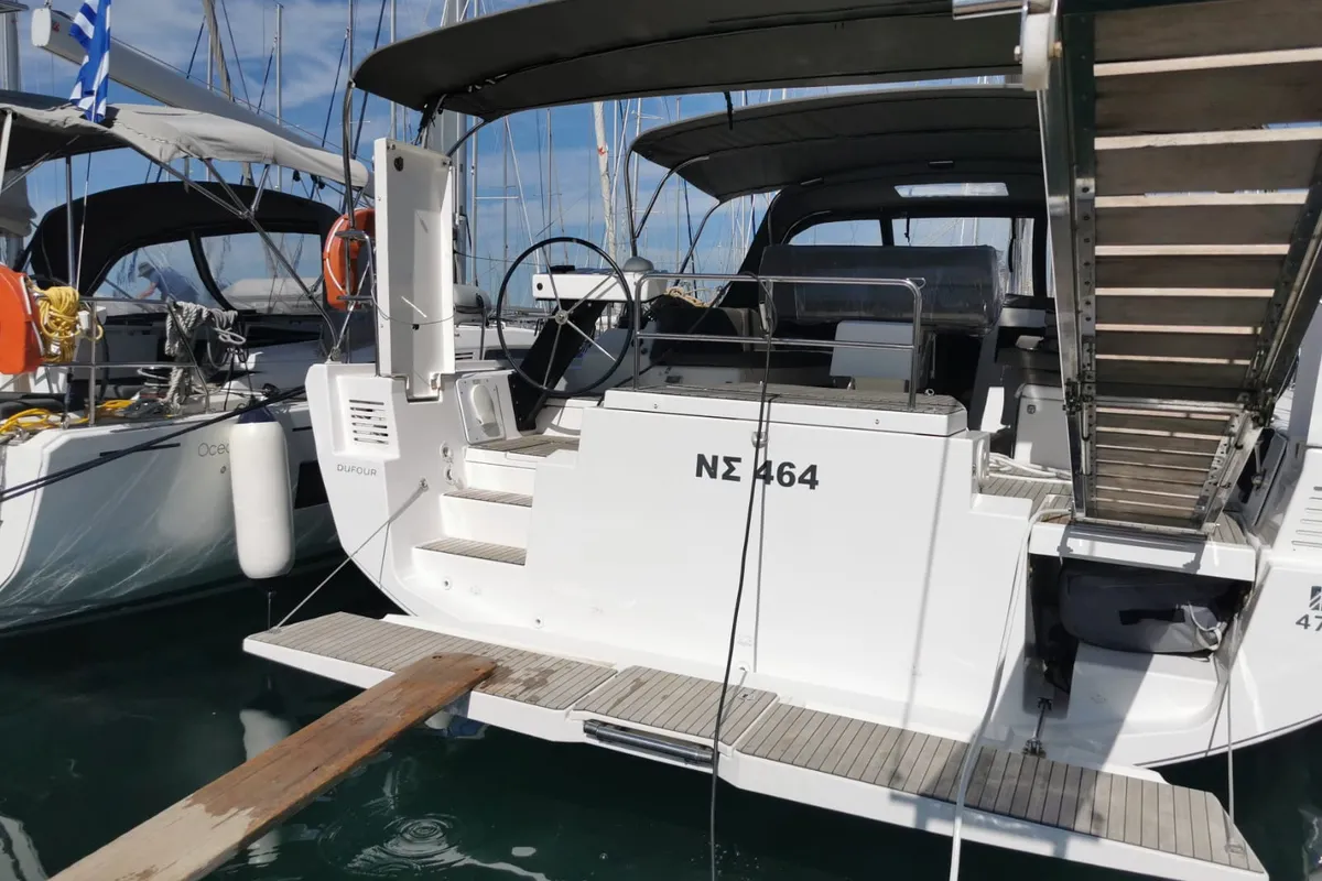 Deck of Aruba, a Dufour 470 sailboat at Athens, Greece