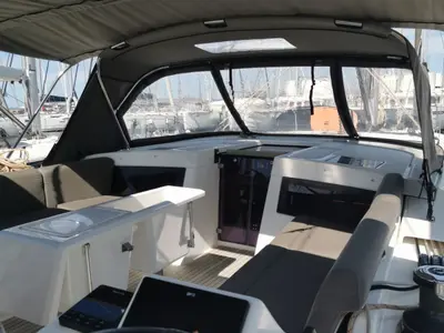 Cockpit of Aruba, a Dufour 470 sailboat at Athens, Greece