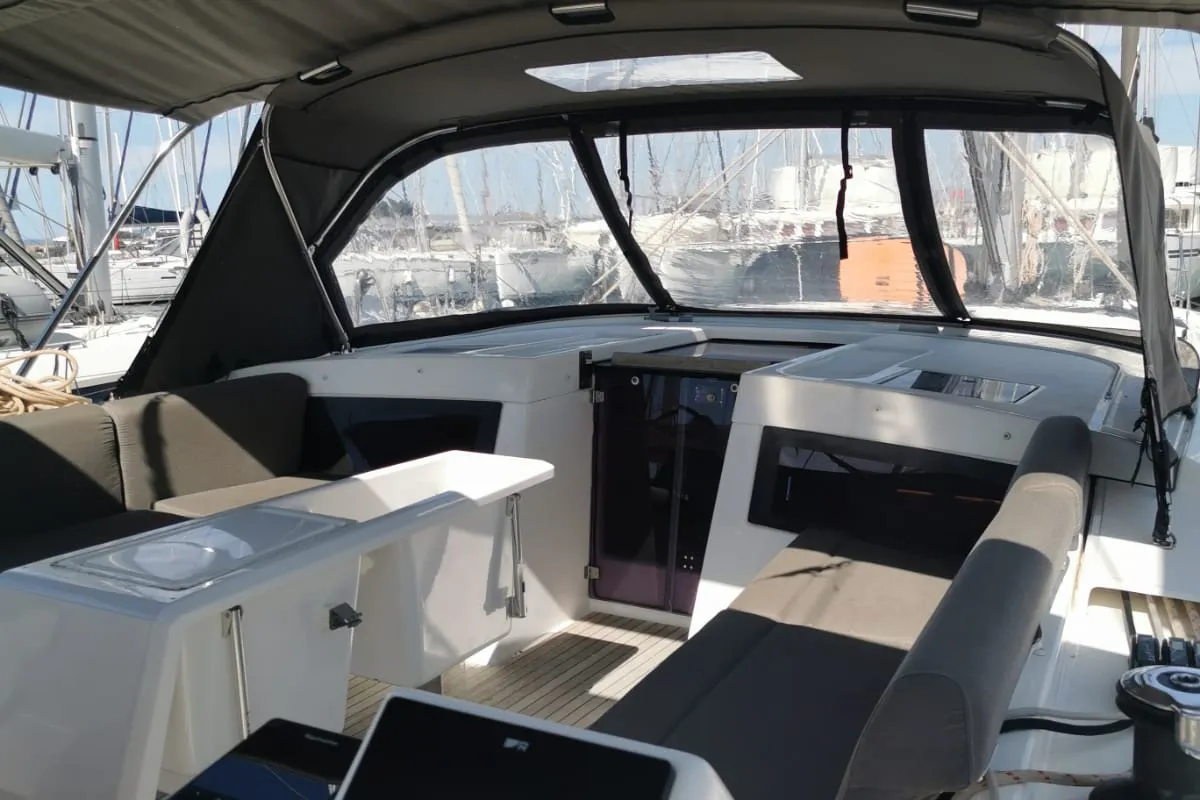 Cockpit of Aruba, a Dufour 470 sailboat at Athens, Greece
