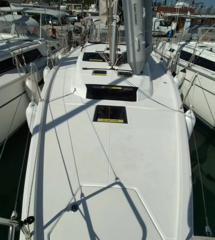 Deck of Triumph, a Dufour 430 sailboat at Kontokali, Greece