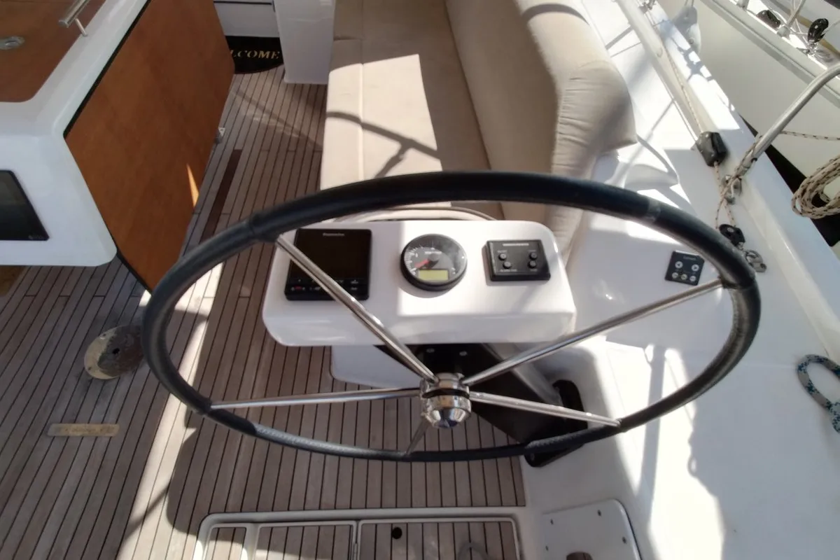 Cockpit of Triumph, a Dufour 430 sailboat at Kontokali, Greece