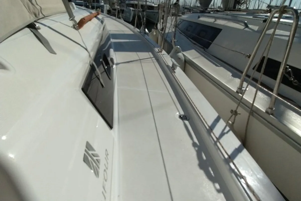 Deck of Triumph, a Dufour 430 sailboat at Kontokali, Greece