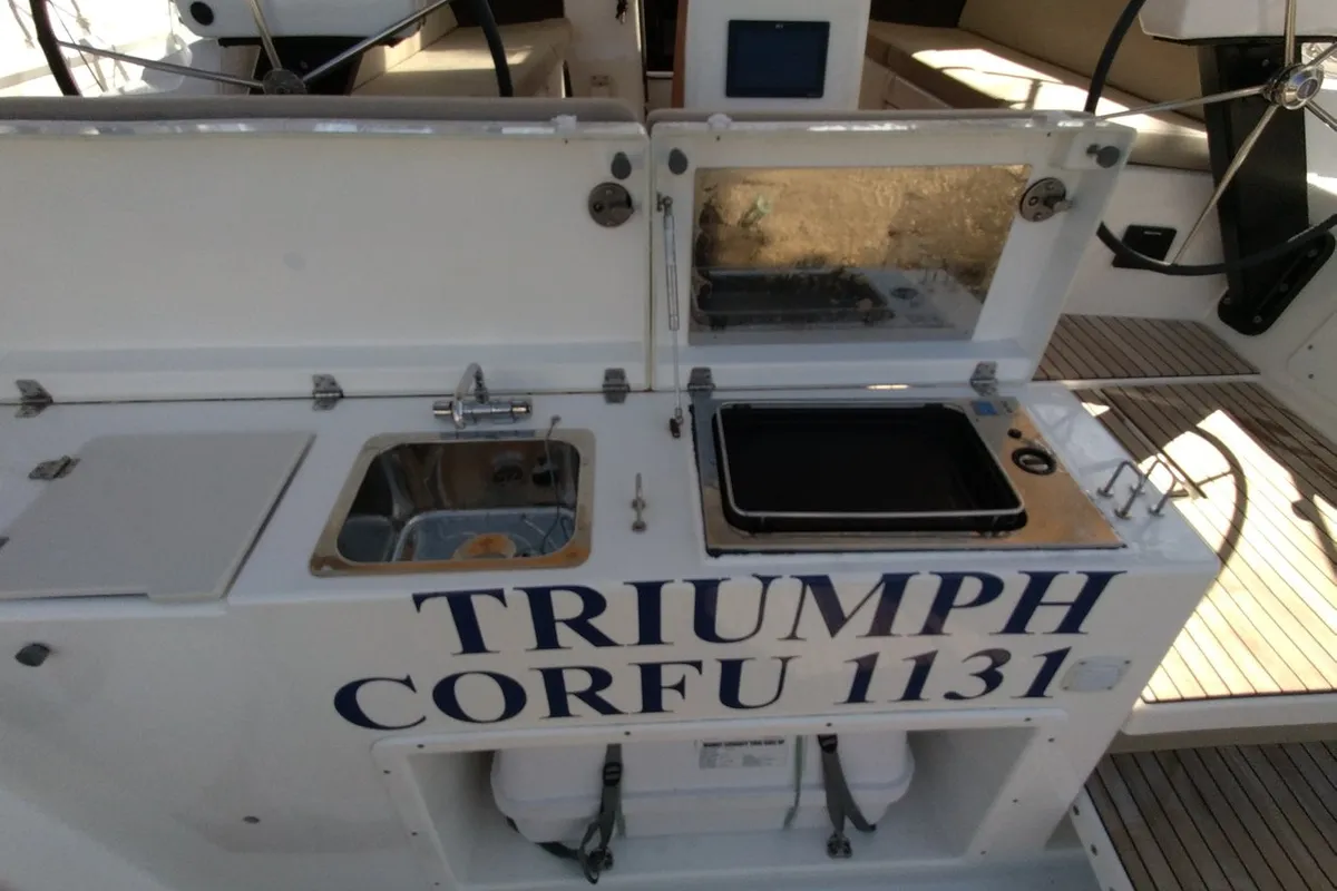 Deck of Triumph, a Dufour 430 sailboat at Kontokali, Greece