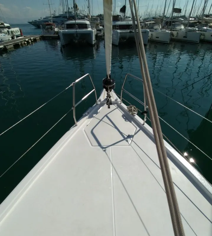 Deck of Triumph, a Dufour 430 sailboat at Kontokali, Greece