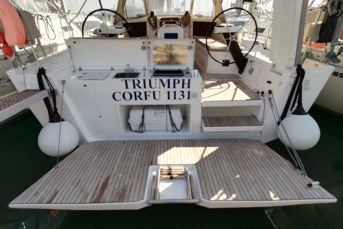 Exterior view of Triumph, a Dufour 430 sailboat at Kontokali, Greece