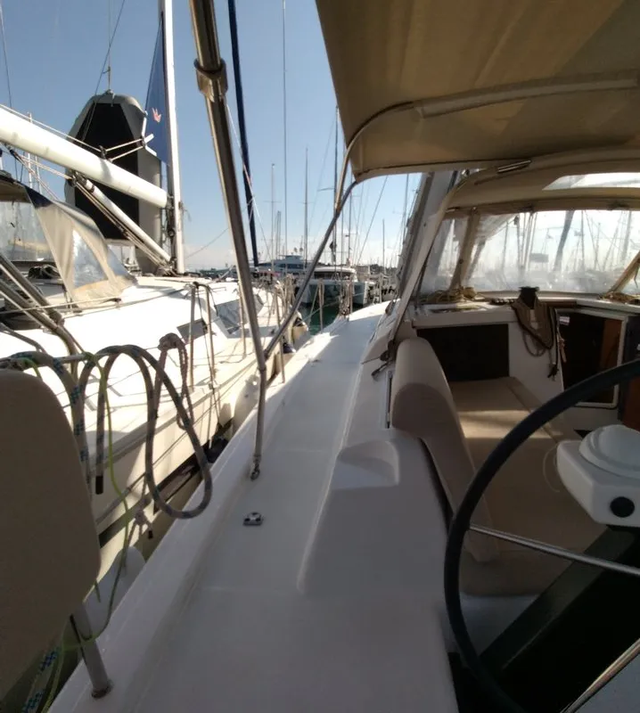 Deck of Triumph, a Dufour 430 sailboat at Kontokali, Greece