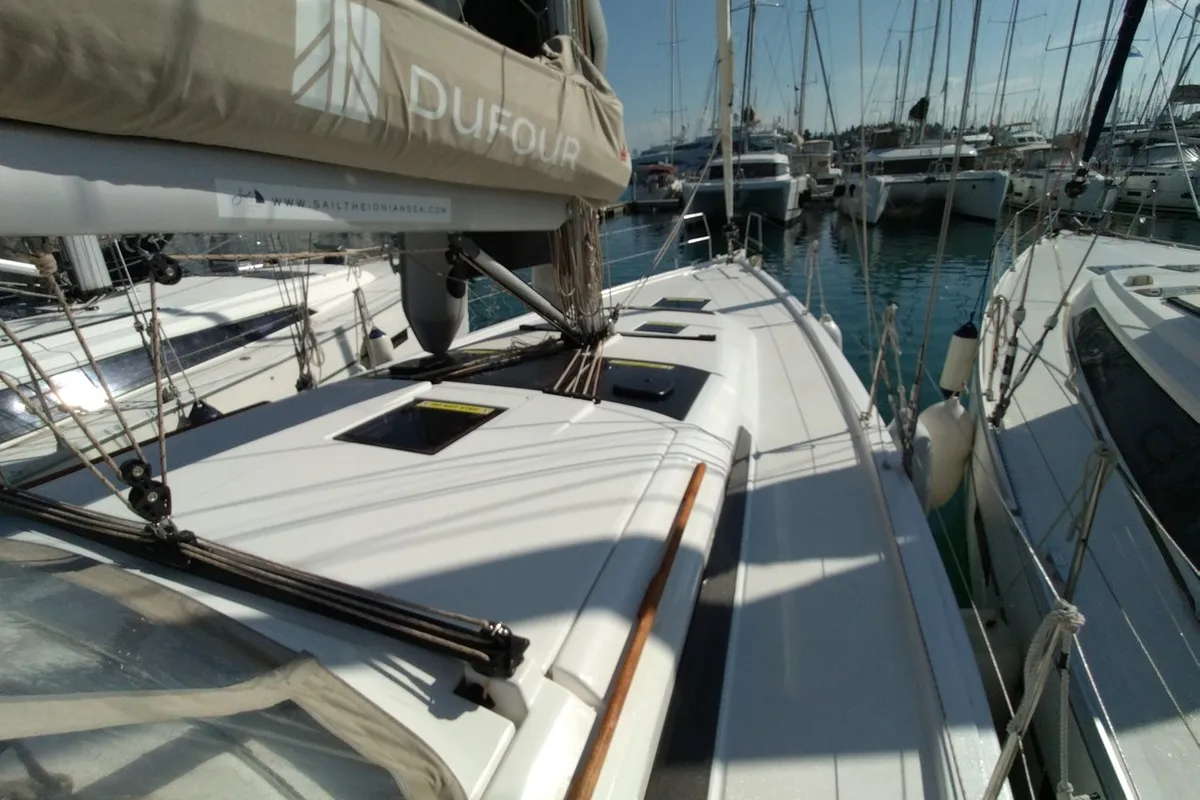 Deck of Triumph, a Dufour 430 sailboat at Kontokali, Greece