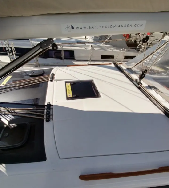 Deck of Triumph, a Dufour 430 sailboat at Kontokali, Greece
