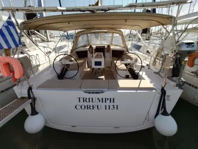Cockpit of Triumph, a Dufour 430 sailboat at Kontokali, Greece