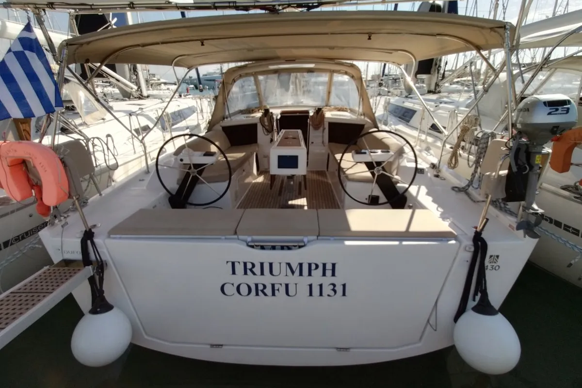 Cockpit of Triumph, a Dufour 430 sailboat at Kontokali, Greece