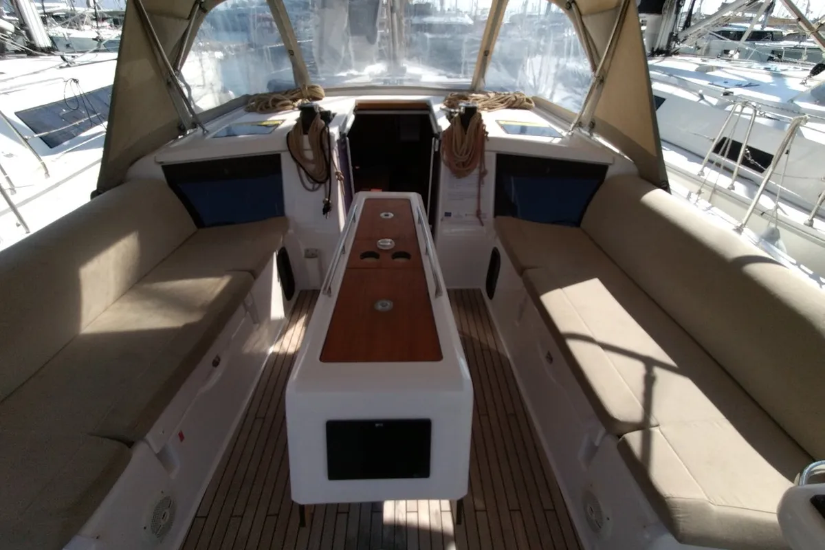 Cockpit of Triumph, a Dufour 430 sailboat at Kontokali, Greece