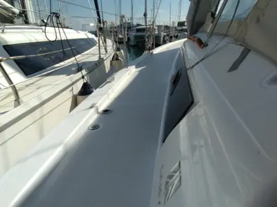 Deck of Triumph, a Dufour 430 sailboat at Kontokali, Greece