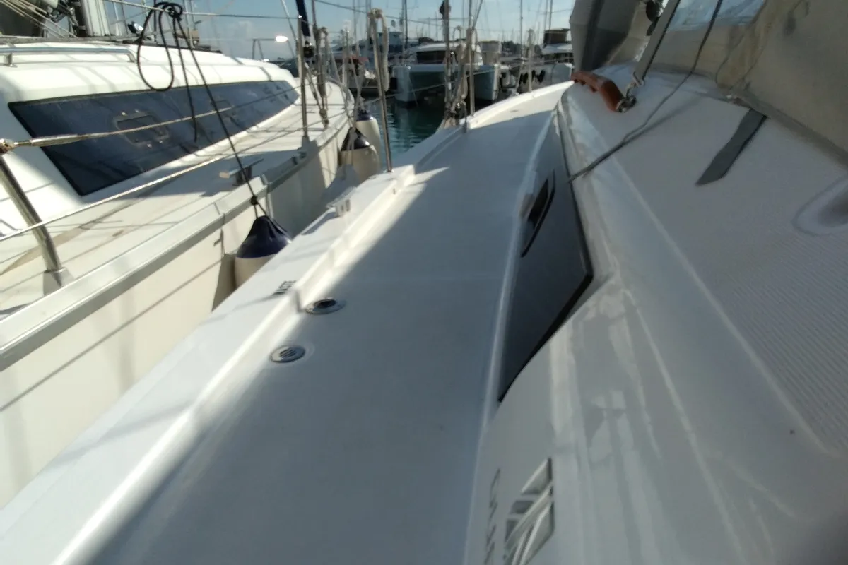 Deck of Triumph, a Dufour 430 sailboat at Kontokali, Greece