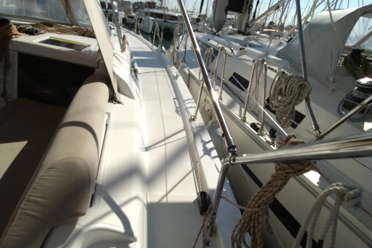 Deck of Triumph, a Dufour 430 sailboat at Kontokali, Greece