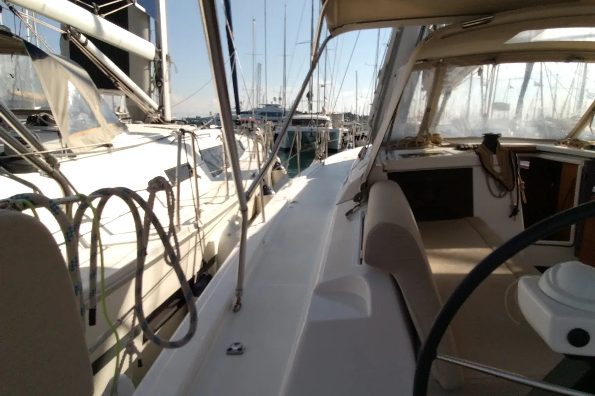 Deck of Triumph, a Dufour 430 sailboat at Kontokali, Greece