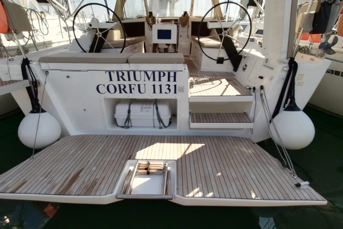 Exterior view of Triumph, a Dufour 430 sailboat at Kontokali, Greece