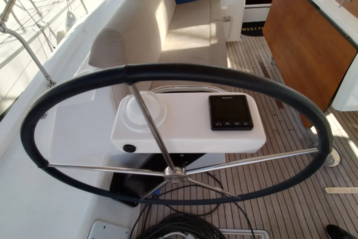 Cockpit of Triumph, a Dufour 430 sailboat at Kontokali, Greece