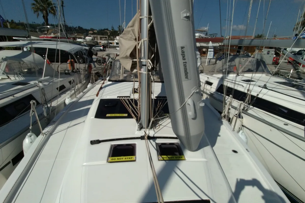 Deck of Triumph, a Dufour 430 sailboat at Kontokali, Greece