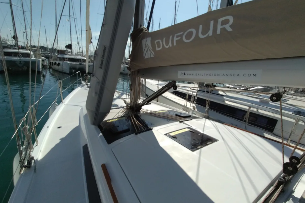 Deck of Triumph, a Dufour 430 sailboat at Kontokali, Greece