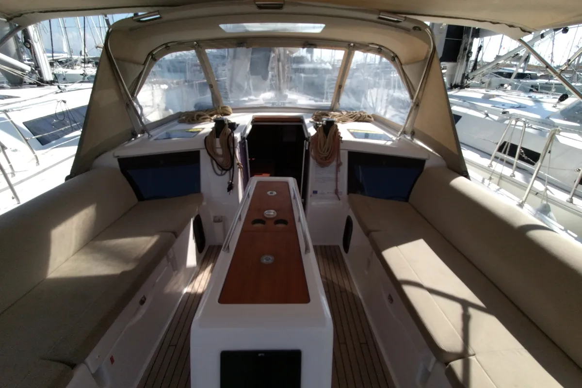 Cockpit of Triumph, a Dufour 430 sailboat at Kontokali, Greece