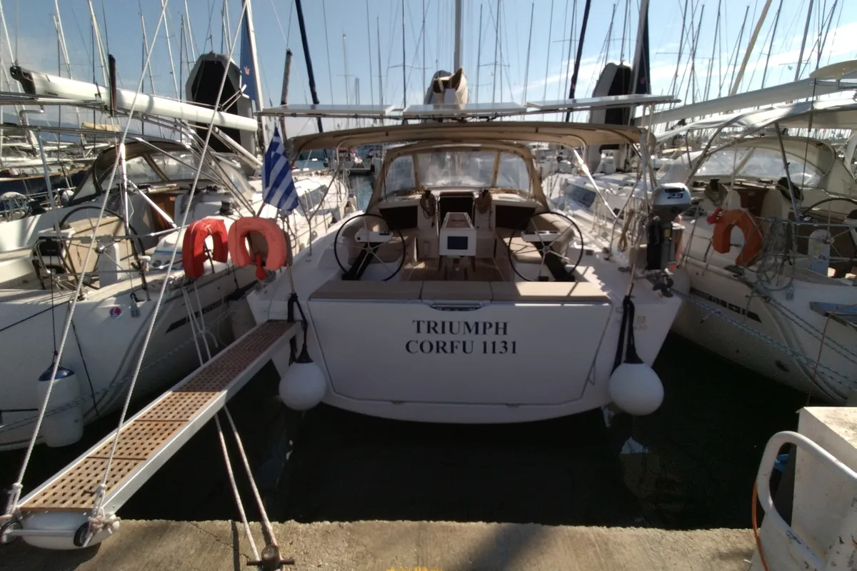 Exterior view of Triumph, a Dufour 430 sailboat at Kontokali, Greece