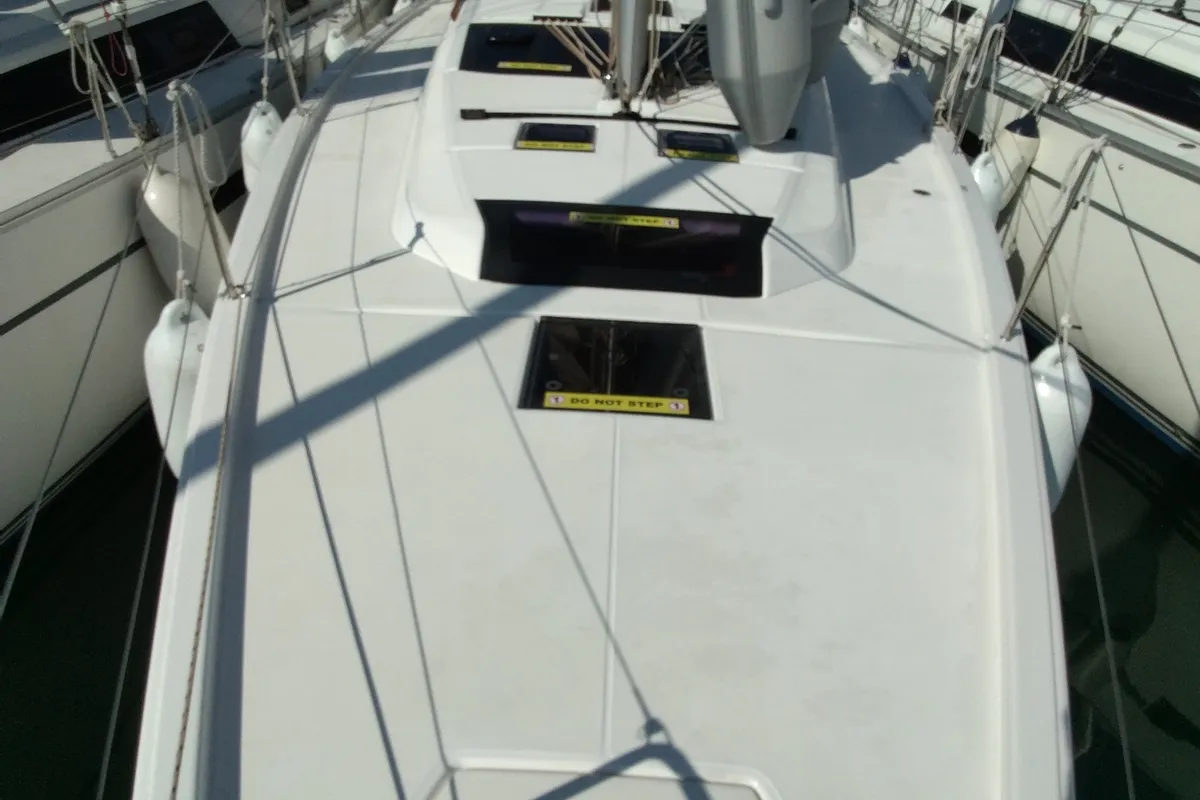 Deck of Triumph, a Dufour 430 sailboat at Kontokali, Greece