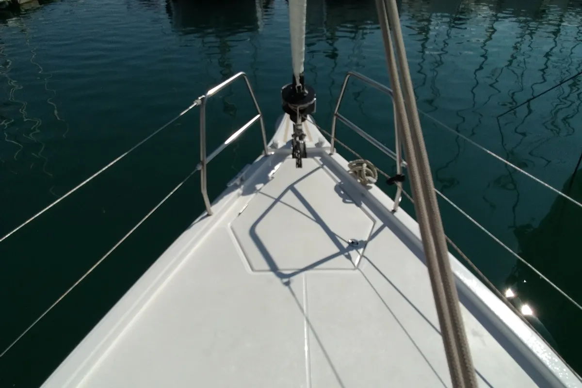 Deck of Triumph, a Dufour 430 sailboat at Kontokali, Greece