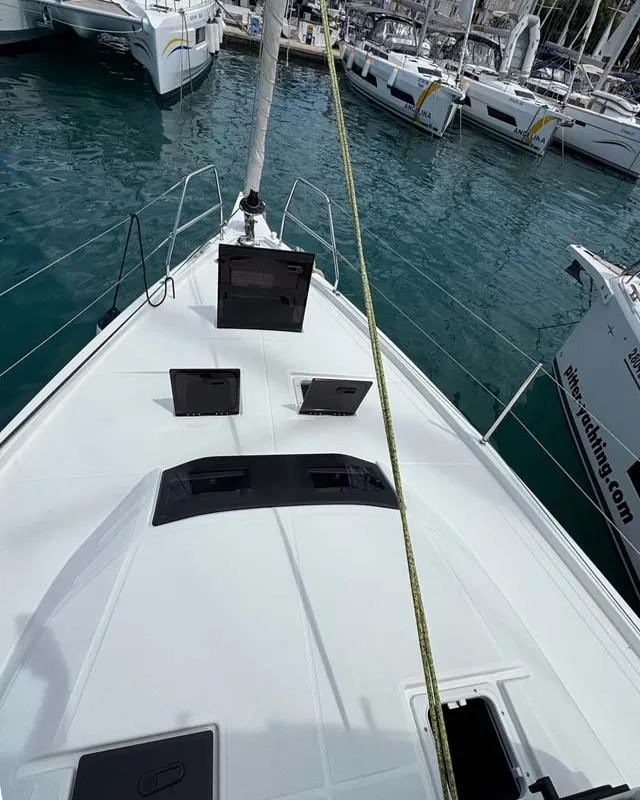 Deck of Aventura, a Dufour 41 sailboat at Grad Trogir, Croatia