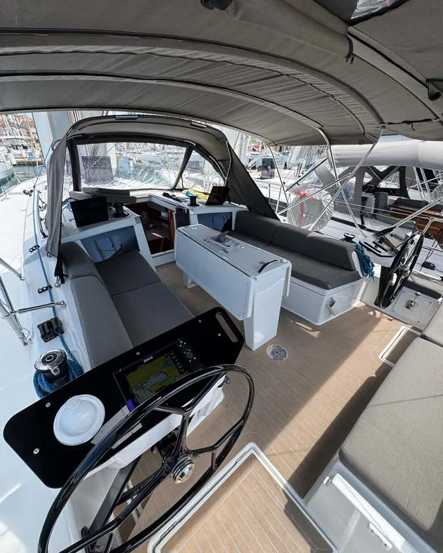 Cockpit of Aventura, a Dufour 41 sailboat at Grad Trogir, Croatia